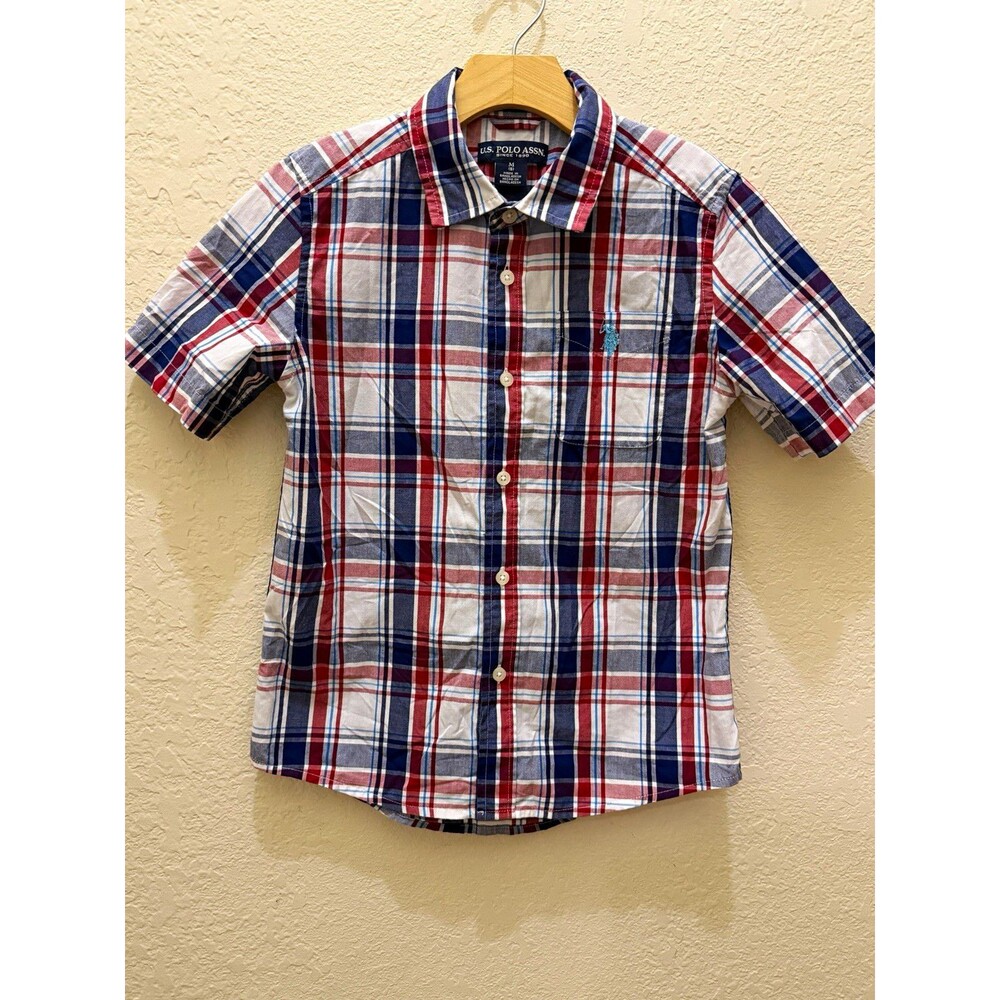 U.S. Polo Assn. Boys M (8) Red/White/Blue Plaid Short Sleeve Button-Up